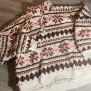 Aerie Pink & Brown Swiss Isle Patterned Teddy Sweater